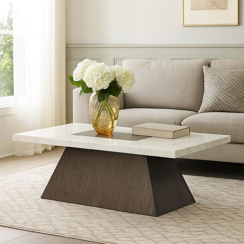 Asten Coffee Table | 48" White Marble | Walnut Brown Pedestal Base