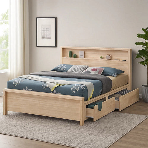 Gilu Twin Size Bed | Bookcase Headboard | 2 Drawer Footboard | Whitewash