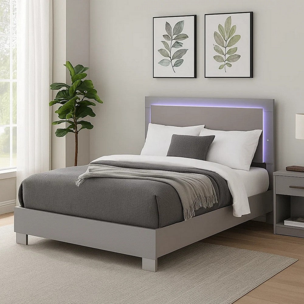 Suni King Size Bed w LED Headboard | Light Taupe Gray Wood Frame BM342338