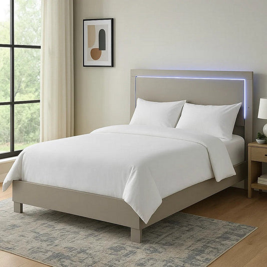Suni King Size Bed w LED Headboard | Light Taupe Gray Wood Frame