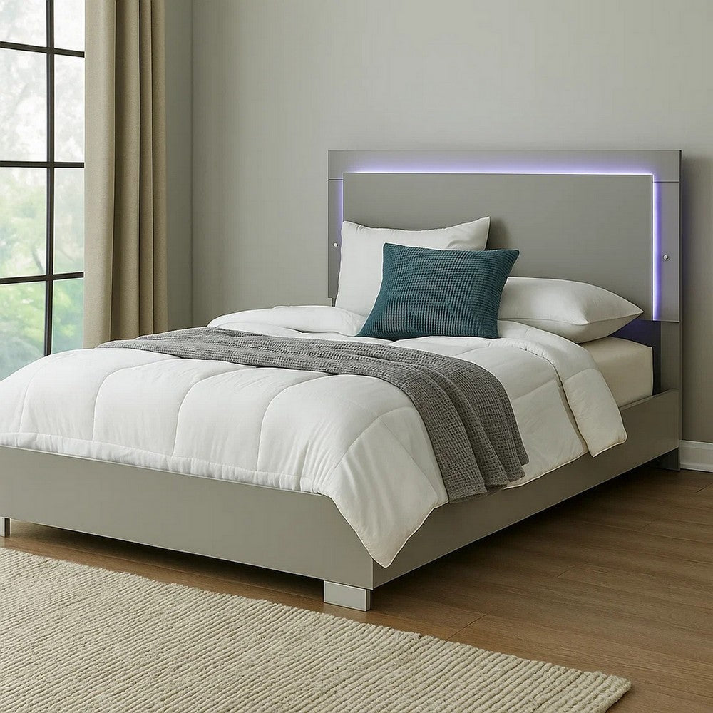 Suni Queen Size Bed w LED Headboard | Light Taupe Gray Wood Frame BM342339