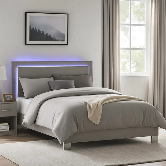 Suni Queen Size Bed w LED Headboard | Light Taupe Gray Wood Frame