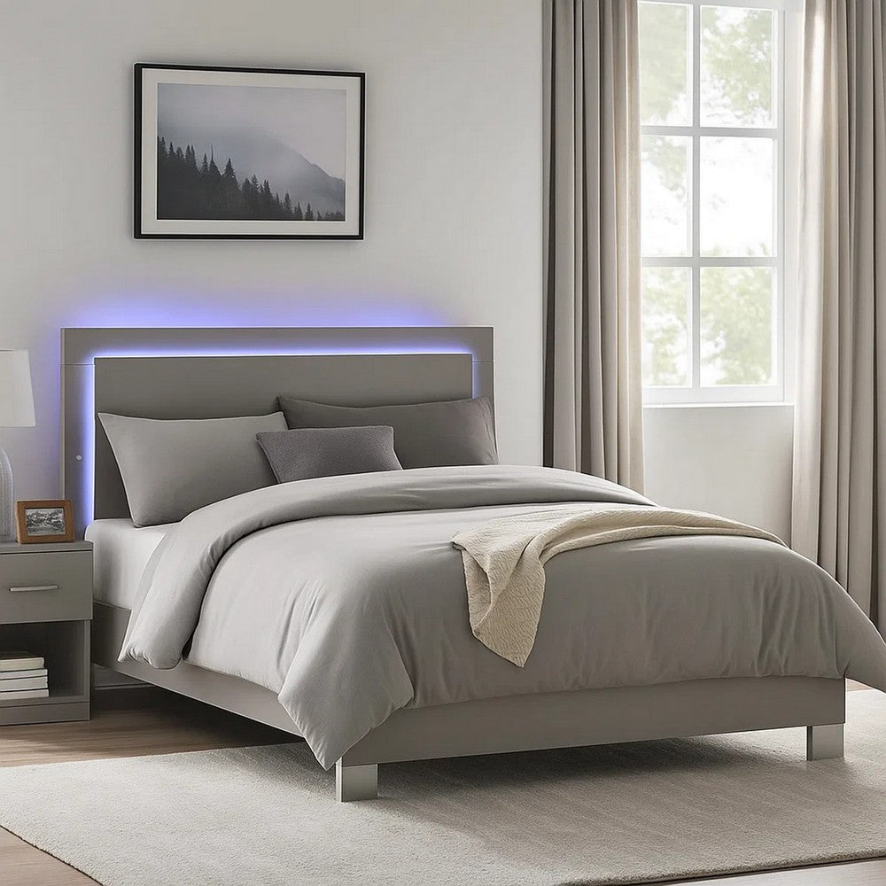Suni Queen Size Bed w LED Headboard | Light Taupe Gray Wood Frame
