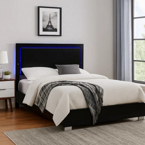Suni King Size Bed w LED Headboard | Piano Black Wood Frame