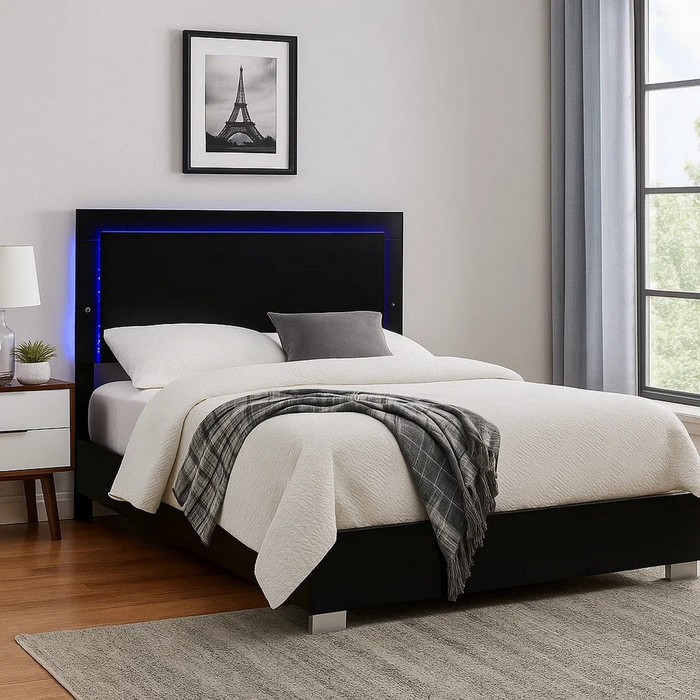 Suni King Size Bed w LED Headboard | Piano Black Wood Frame