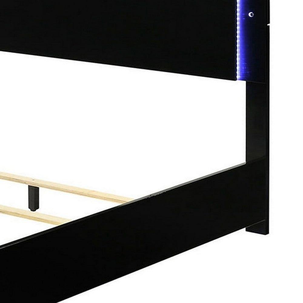 Suni Queen Size Bed w LED Headboard | Piano Black Wood Frame BM342341