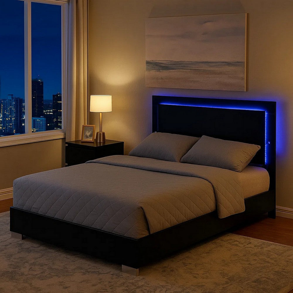 Suni Queen Size Bed w LED Headboard | Piano Black Wood Frame BM342341