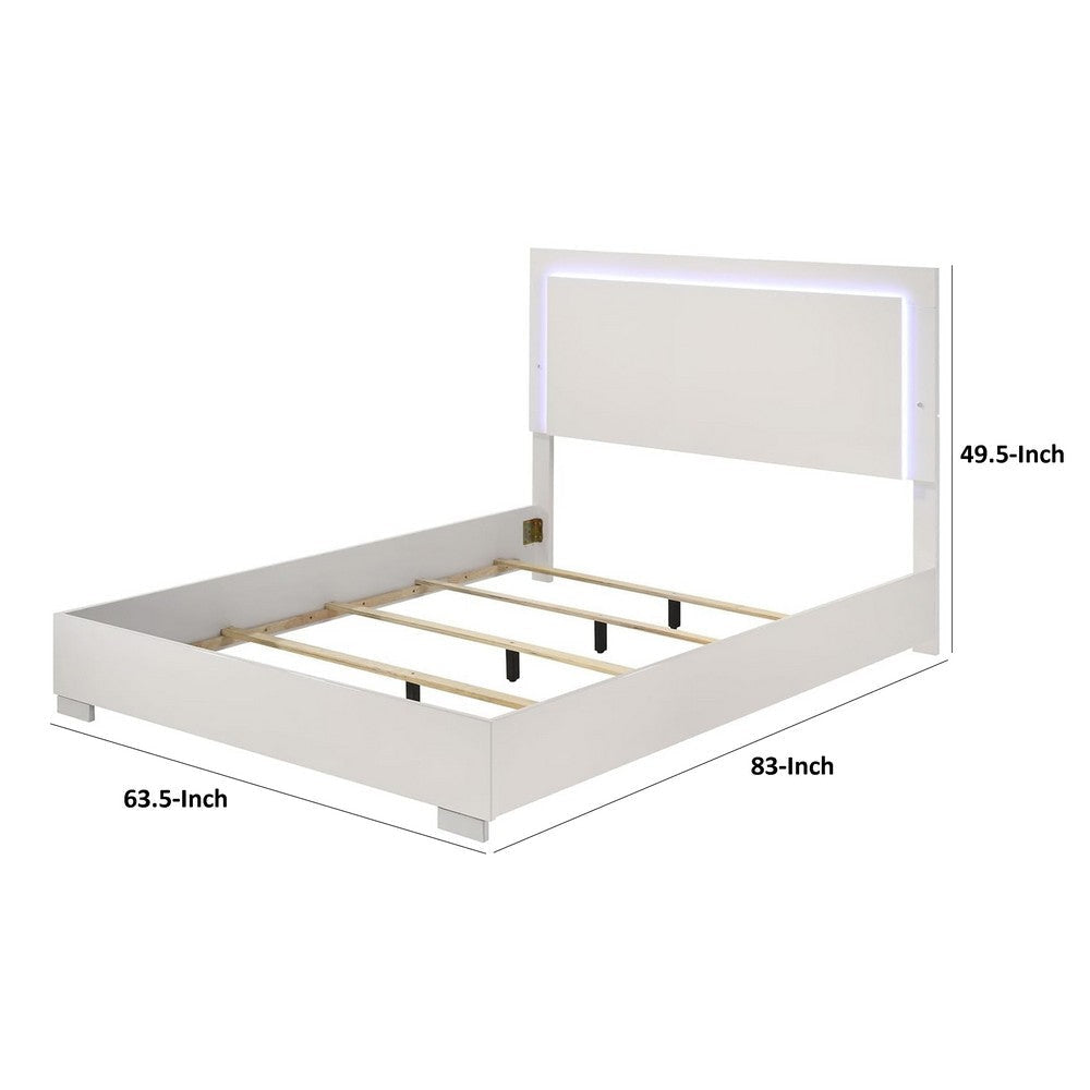 Suni Queen Size Bed w LED on Headboard | White Wood Frame | Chrome Legs BM342342