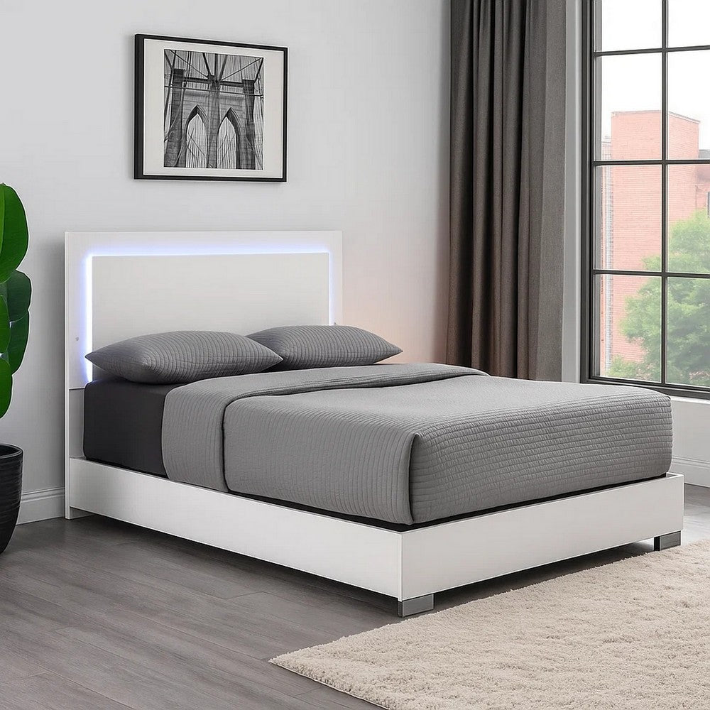 Suni Queen Size Bed w LED on Headboard | White Wood Frame | Chrome Legs BM342342