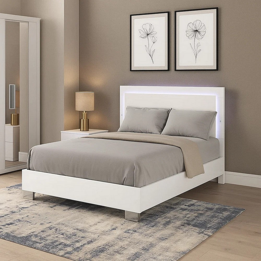 Suni Queen Size Bed w LED on Headboard | White Wood Frame | Chrome Legs