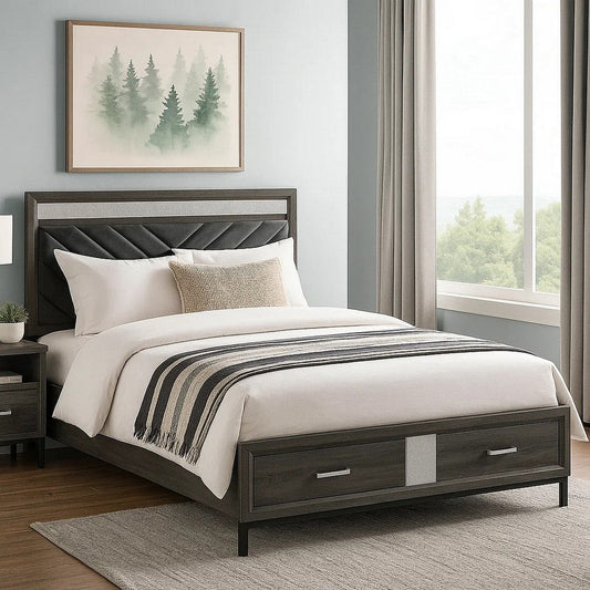 Lito Full Size Bed w Padded Headboard | 2 Footboard Drawers | Gray