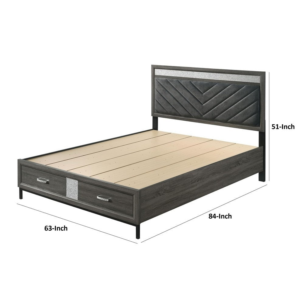 Lito Queen Size Bed w Padded Headboard | 2 Footboard Drawers | Gray BM342344