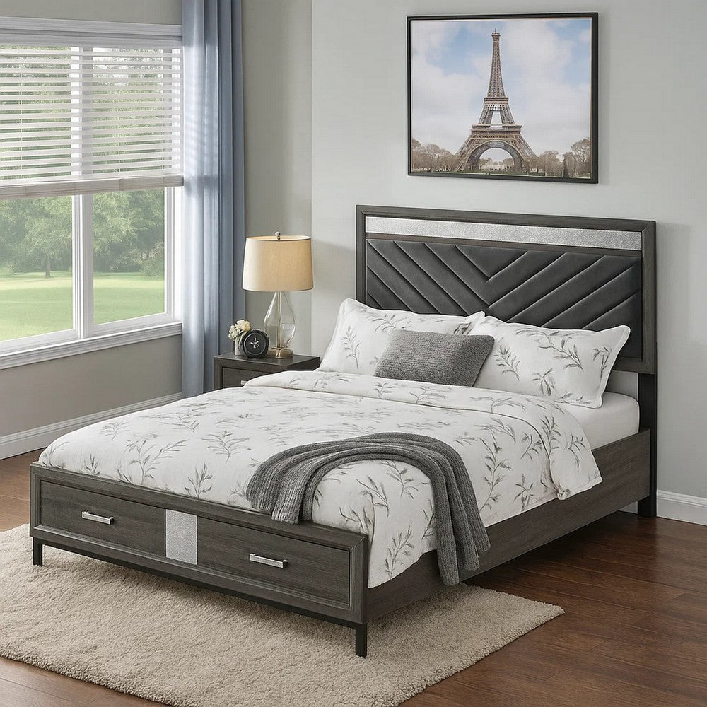 Lito Queen Size Bed w Padded Headboard | 2 Footboard Drawers | Gray BM342344