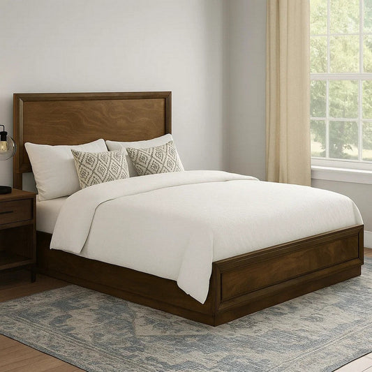 Rouk Queen Size Bed w Panel Headboard | Walnut Brown Okume Veneer