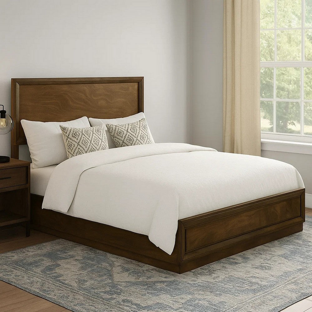 Rouk Queen Size Bed w Panel Headboard | Walnut Brown Okume Veneer