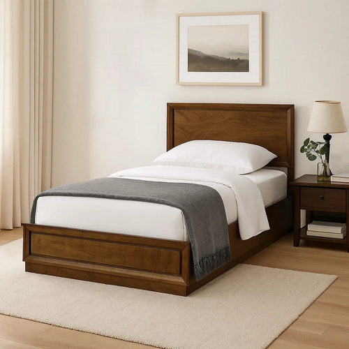 Rouk Twin Size Bed w Panel Headboard | Walnut Brown Okume Veneer