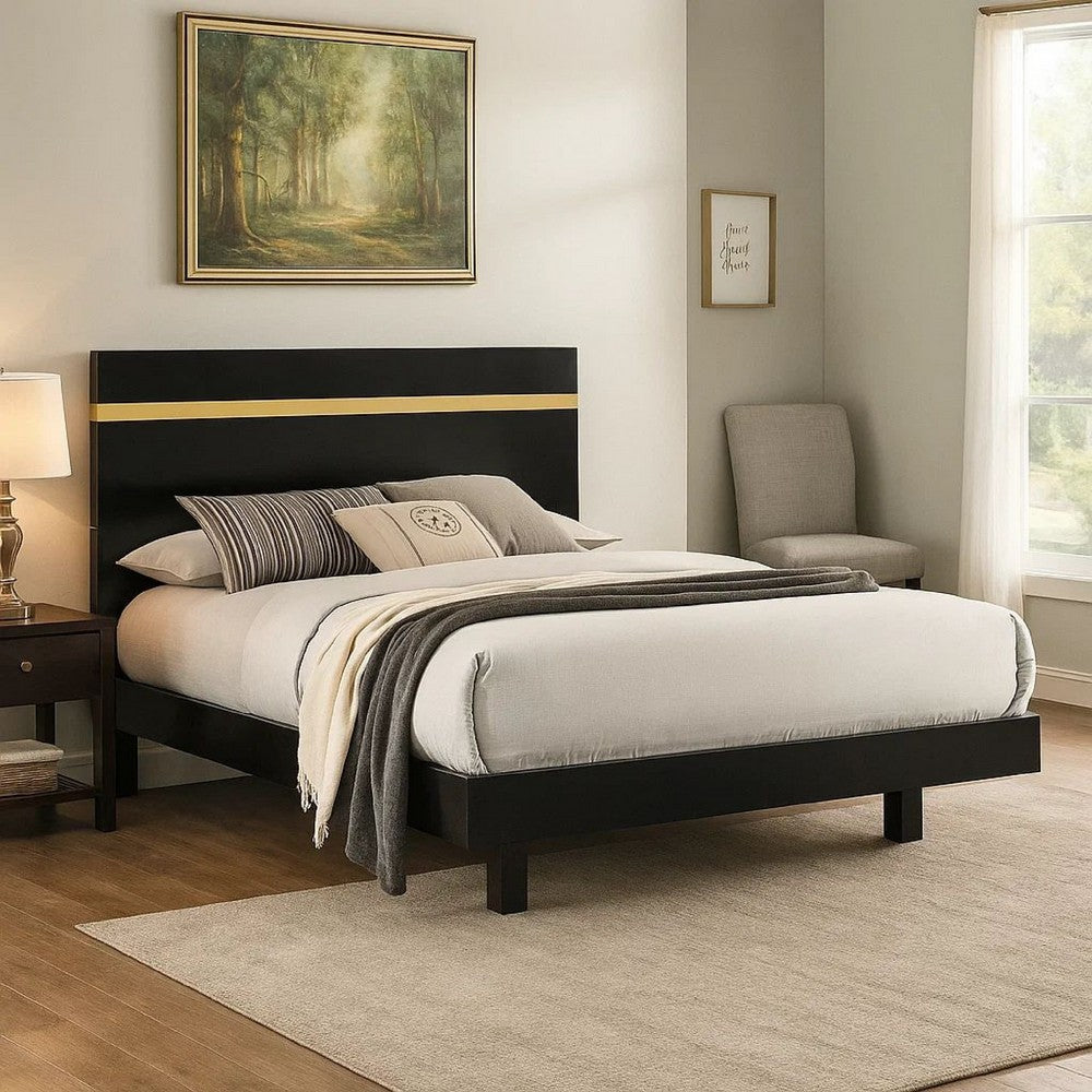 Yoki Queen Size Bed w Underbed LED | Acrylic Gold Trim | Black Frame