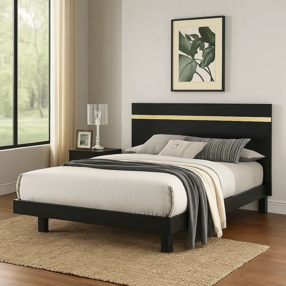 Yoki Queen Size Bed w Underbed LED | Acrylic Gold Trim | Black Frame
