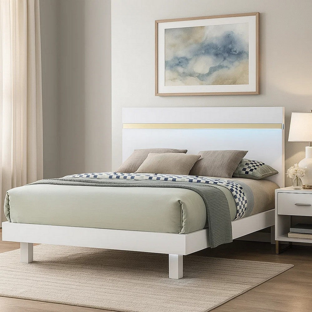 Yoki Queen Size Bed w Underbed LED | Acrylic Gold Trim | White Frame