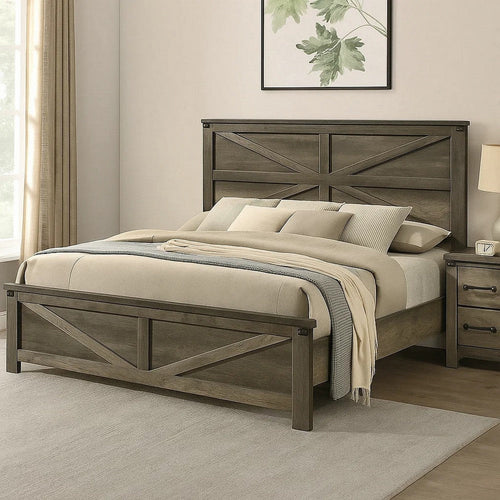 Bry King Size Bed w Chevron Panel Headboard | Rustic Gray Wood Frame
