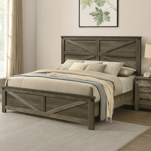 Bry King Size Bed w Chevron Panel Headboard | Rustic Gray Wood Frame