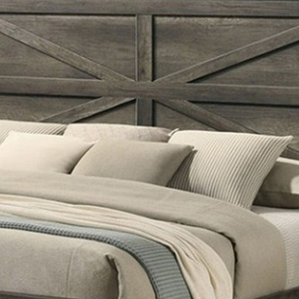 Bry Queen Size Bed w Chevron Panel Headboard | Rustic Gray Wood Frame BM342355