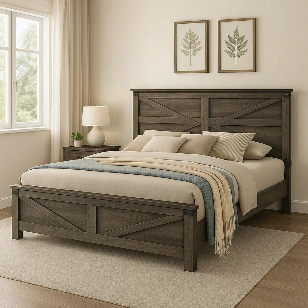 Bry Queen Size Bed w Chevron Panel Headboard | Rustic Gray Wood Frame BM342355