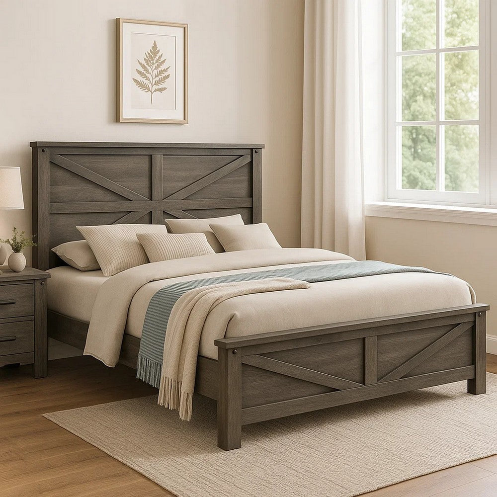 Bry Queen Size Bed w Chevron Panel Headboard | Rustic Gray Wood Frame