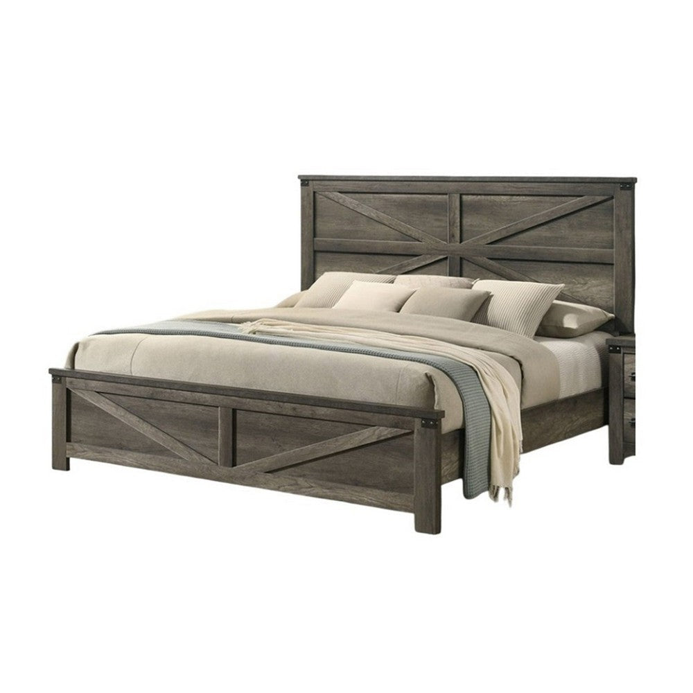 Bry Queen Size Bed w Chevron Panel Headboard | Rustic Gray Wood Frame