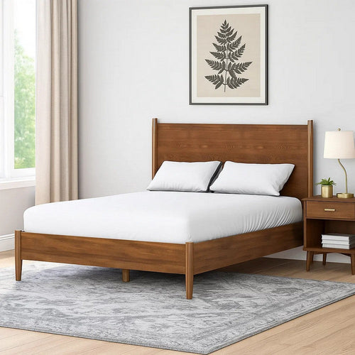 Roma Full Size Bed w Panel Headboard | Transitional Walnut Brown Solid Wood