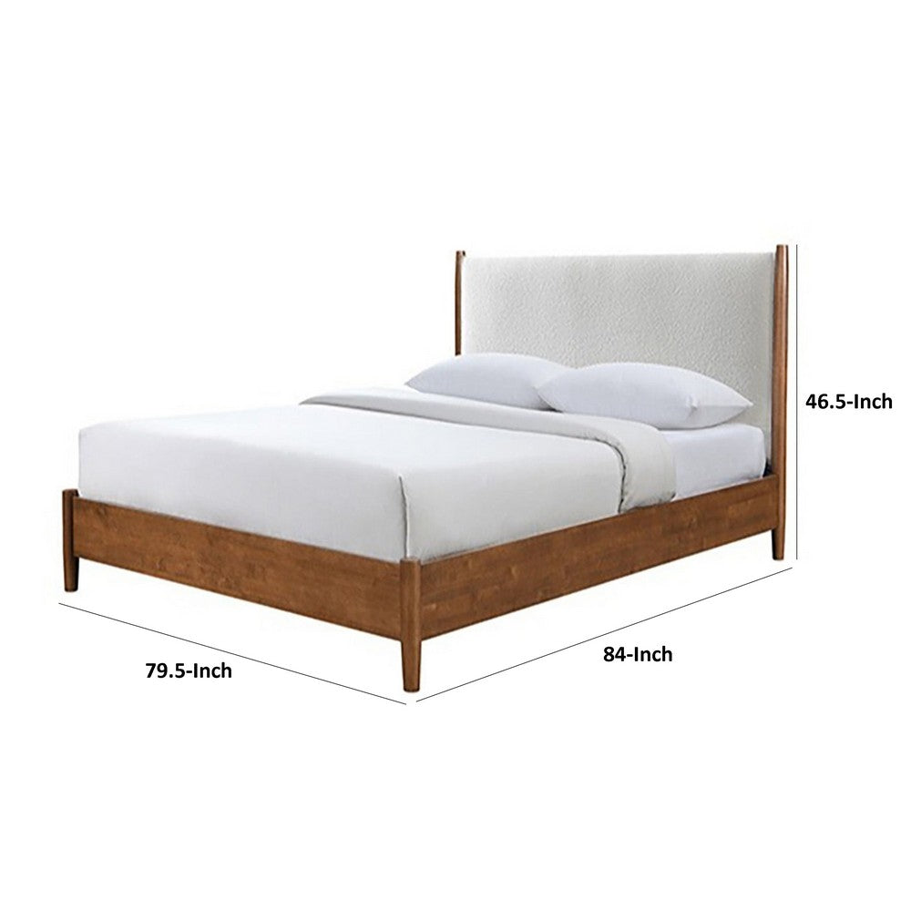 Carry King Size Bed w Beige Boucle Upholstered Headboard | Walnut Brown