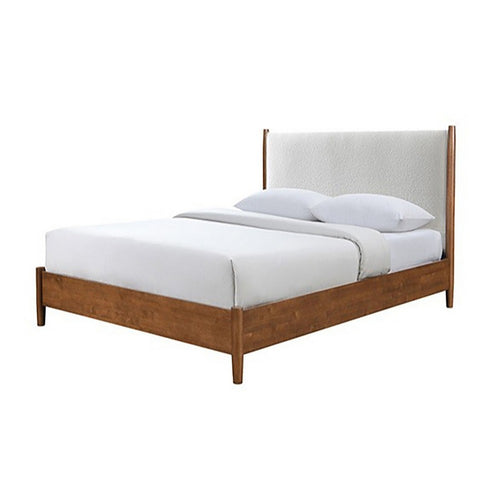 Carry King Size Bed w Beige Boucle Upholstered Headboard | Walnut Brown
