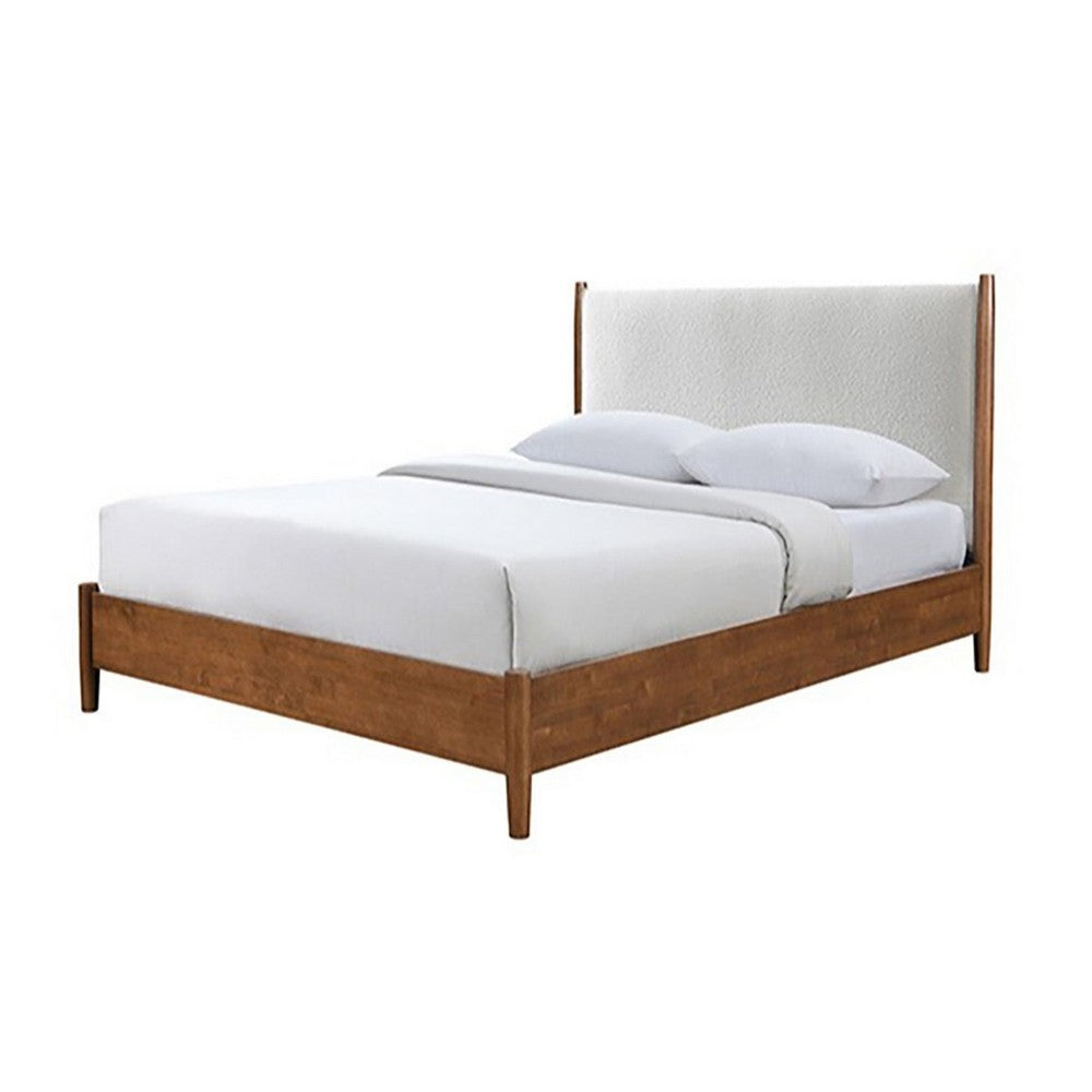 Carry King Size Bed w Beige Boucle Upholstered Headboard | Walnut Brown