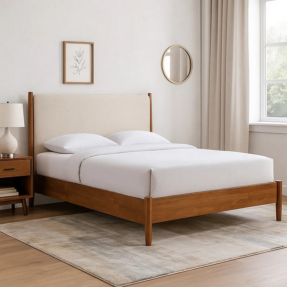 Carry Full Size Bed w Beige Boucle Upholstered Headboard | Walnut Brown