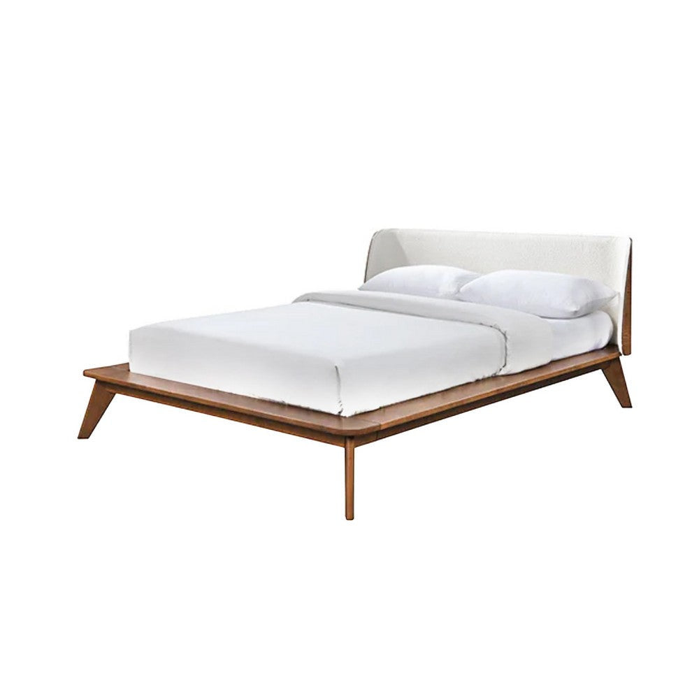 Linzy King Size Bed w Beige Boucle Winged Headboard | Walnut Brown