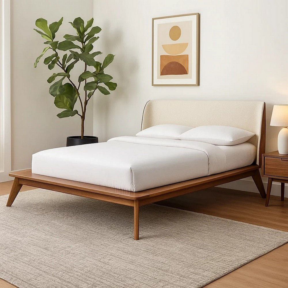 Linzy Full Size Bed w Beige Boucle Winged Headboard | Walnut Brown BM342363