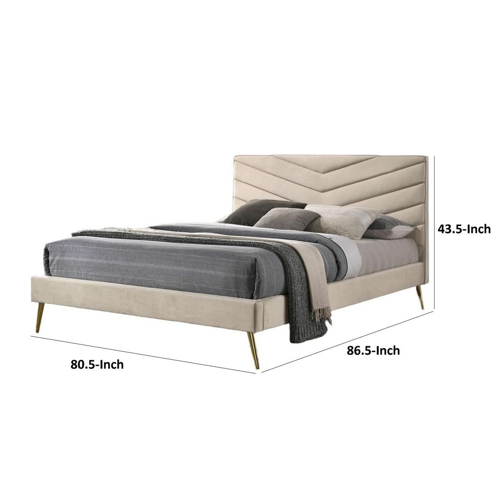 Vevy King Size Bed | Chevron Tufted Beige Flannelette Upholstery BM342364