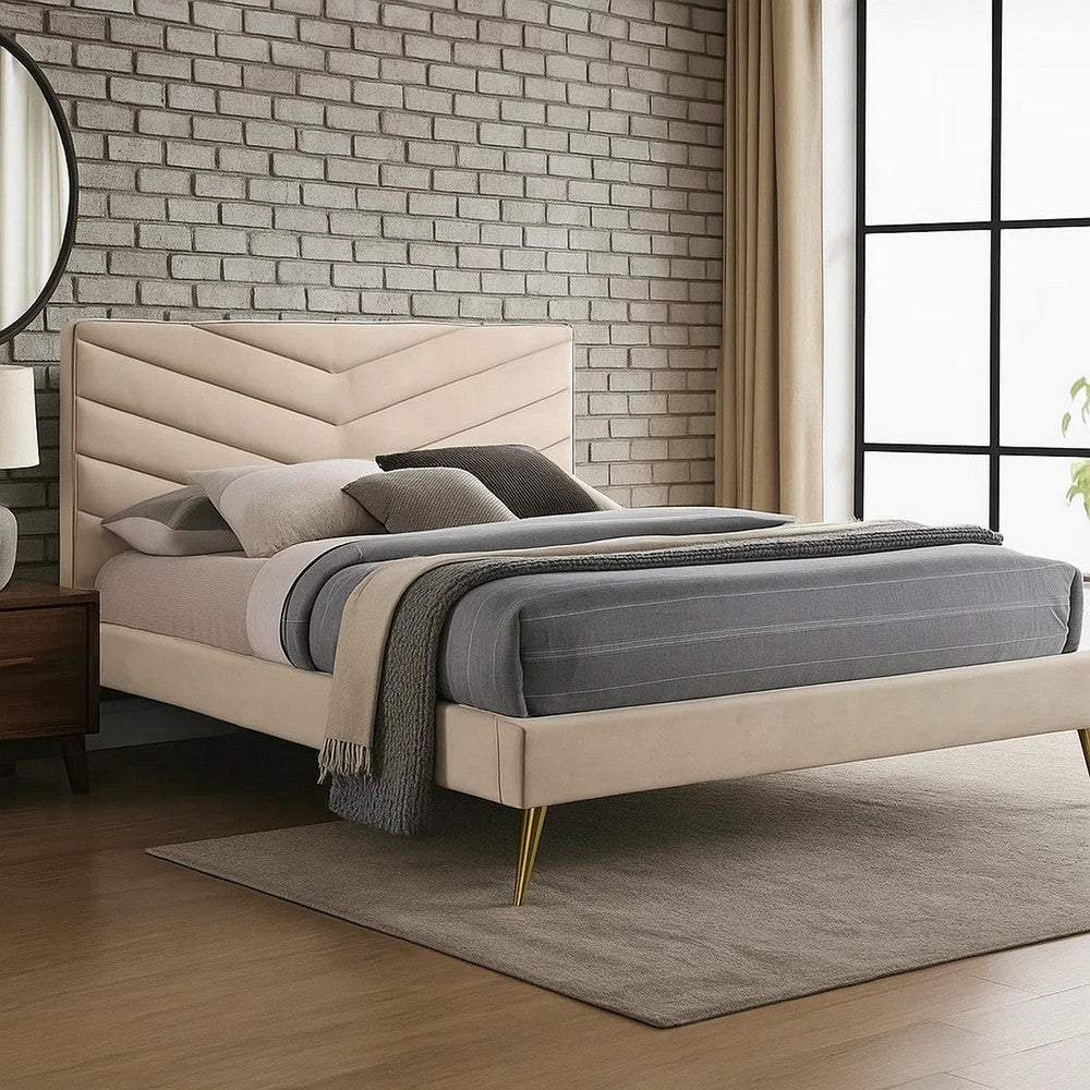 Vevy King Size Bed | Chevron Tufted Beige Flannelette Upholstery BM342364