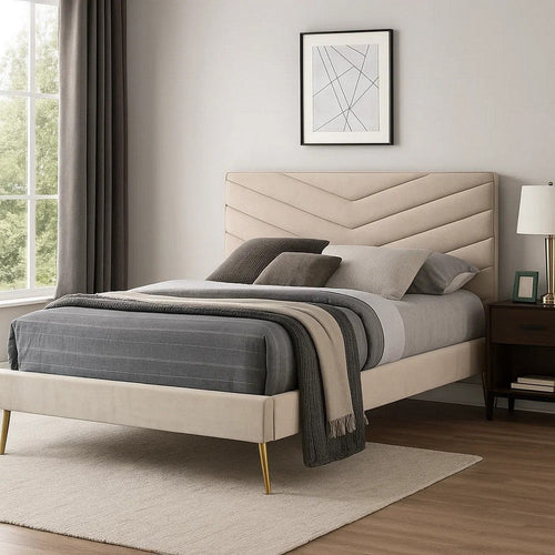 Vevy King Size Bed | Chevron Tufted Beige Flannelette Upholstery