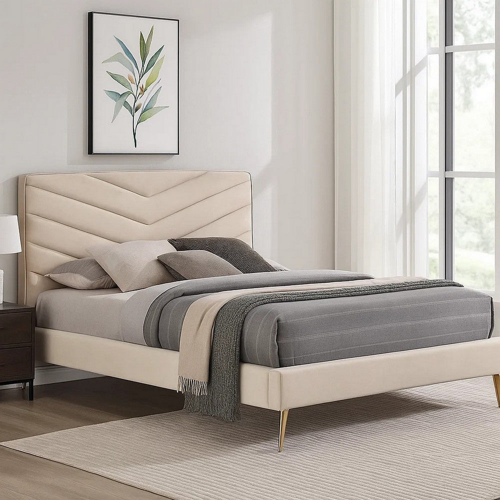 Vevy Full Size Bed | Chevron Tufted Beige Flannelette Upholstery BM342365