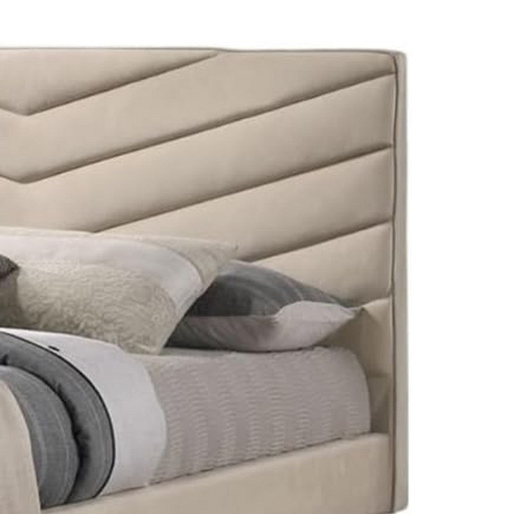 Vevy Queen Size Bed | Chevron Tufted Beige Flannelette Upholstery BM342366