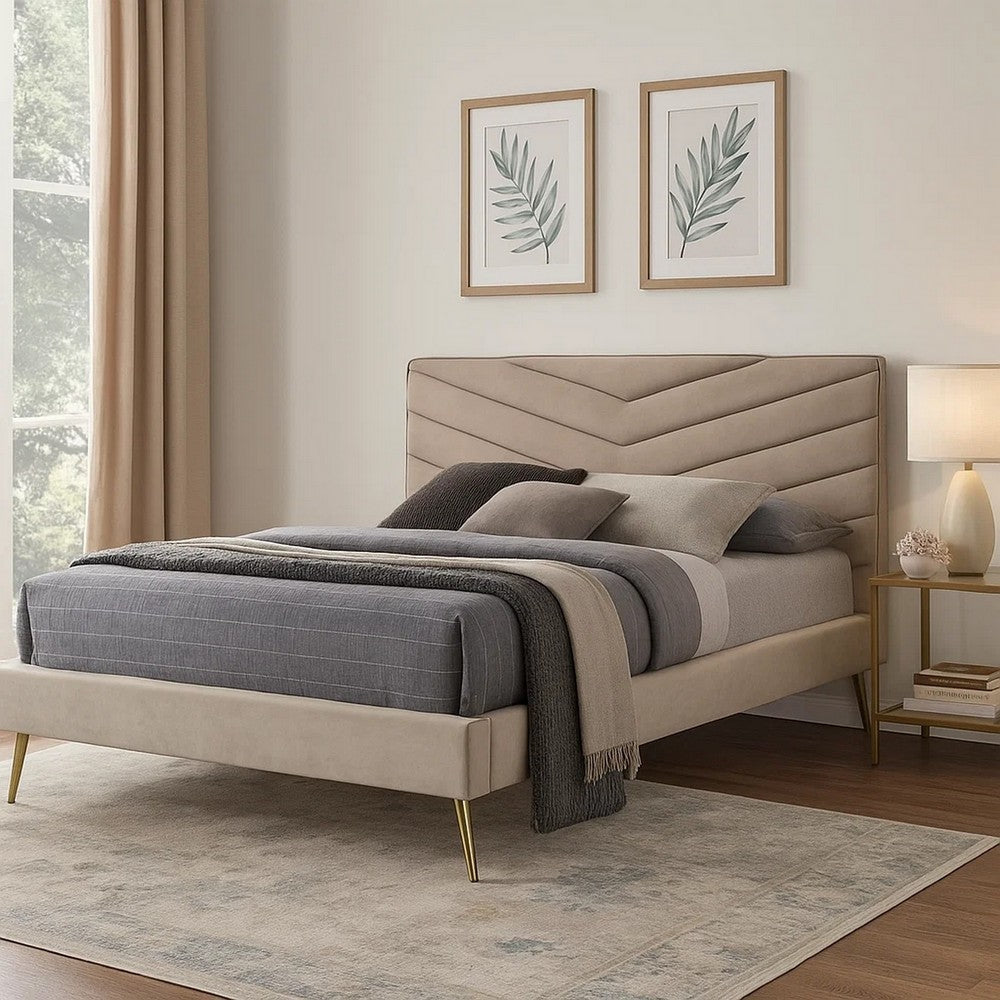 Vevy Queen Size Bed | Chevron Tufted Beige Flannelette Upholstery BM342366