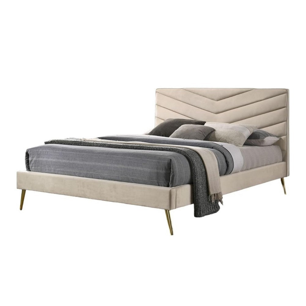 Vevy Queen Size Bed | Chevron Tufted Beige Flannelette Upholstery BM342366