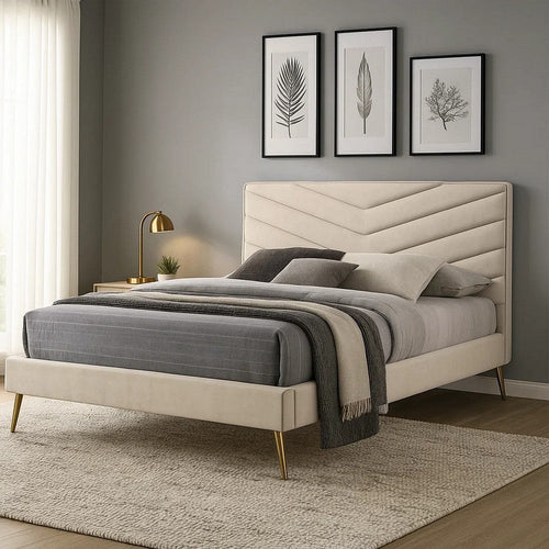 Vevy Queen Size Bed | Chevron Tufted Beige Flannelette Upholstery