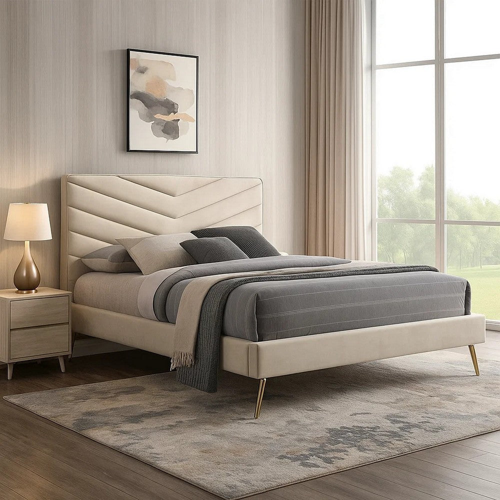 Vevy Twin Size Bed | Chevron Tufted Beige Flannelette Upholstery BM342367