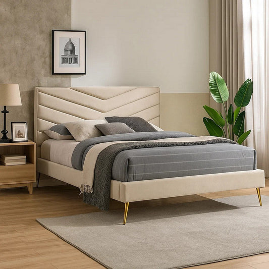 Vevy Twin Size Bed | Chevron Tufted Beige Flannelette Upholstery