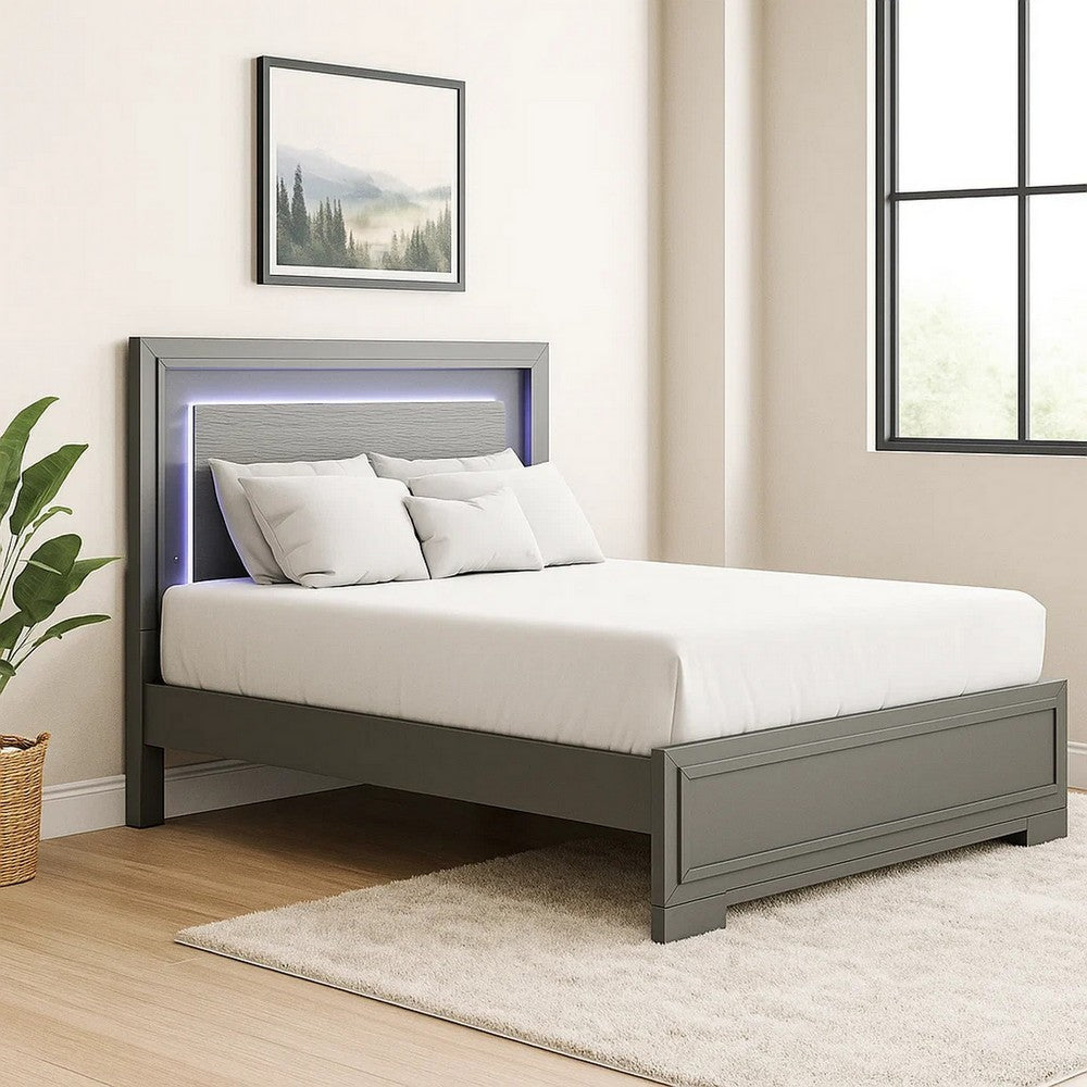 Aliso Queen Size Bed | LED Panel Headboard | Modern Metallic Gray