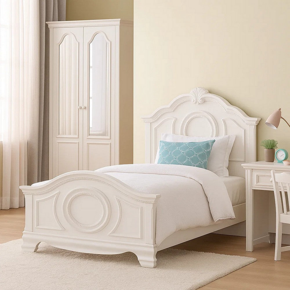 Aleci Twin Size Bed | Crown Molding & Bell-Shaped Design | White BM342378