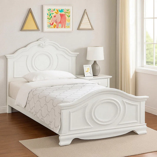 Aleci Twin Size Bed | Crown Molding & Bell-Shaped Design | White