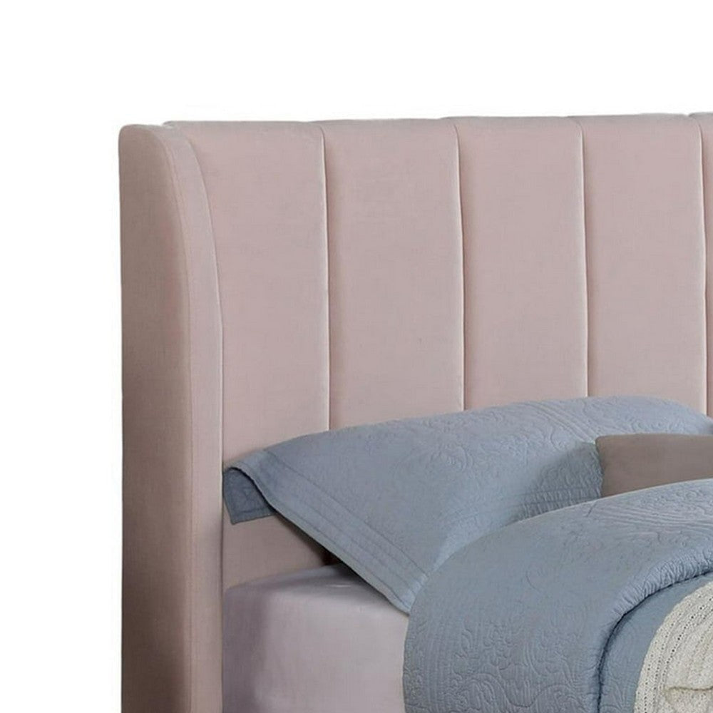 Pevy Queen Size Bed | Tufted Wingback in Light Pink Velvetlike Upholstery BM342379